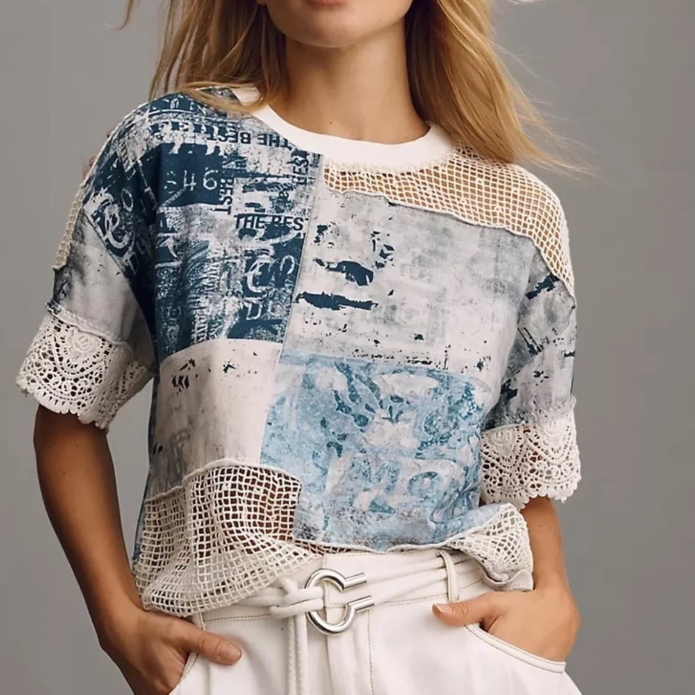 Anthropologie Pilcro Mixed Media Torn Lace Tee Blouse Short Sleeve Top Boho - Picture 1 of 12